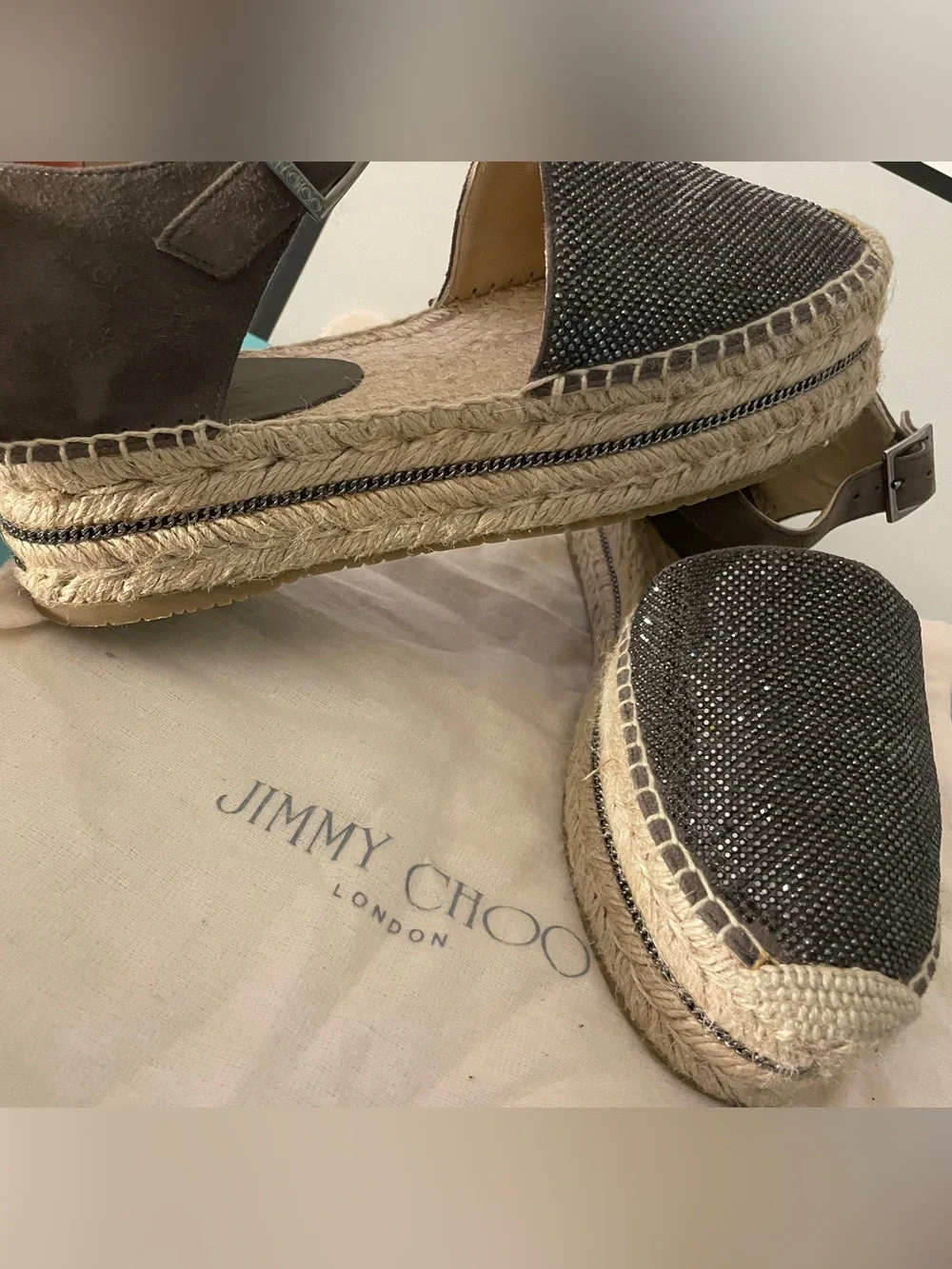 Jimmy Choo Olive Green Suede Delphine Ankle Strap Espadrille Platform Sandals